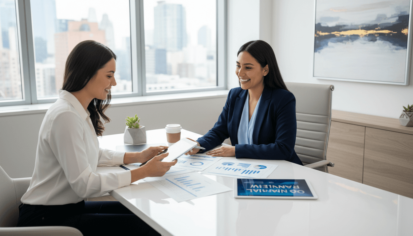 Imagen de un contador profesional sonriendo mientras revisa documentos financieros con un cliente en una oficina moderna