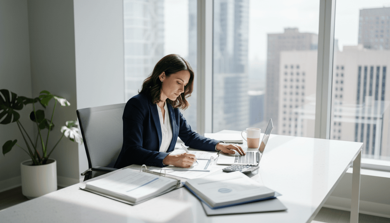 professional accountant reviewing documents at clean modern desk in bright office