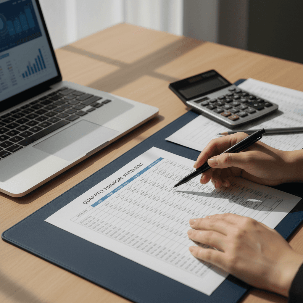 Contador revisando estados financieros en un escritorio con calculadora en una oficina luminosa