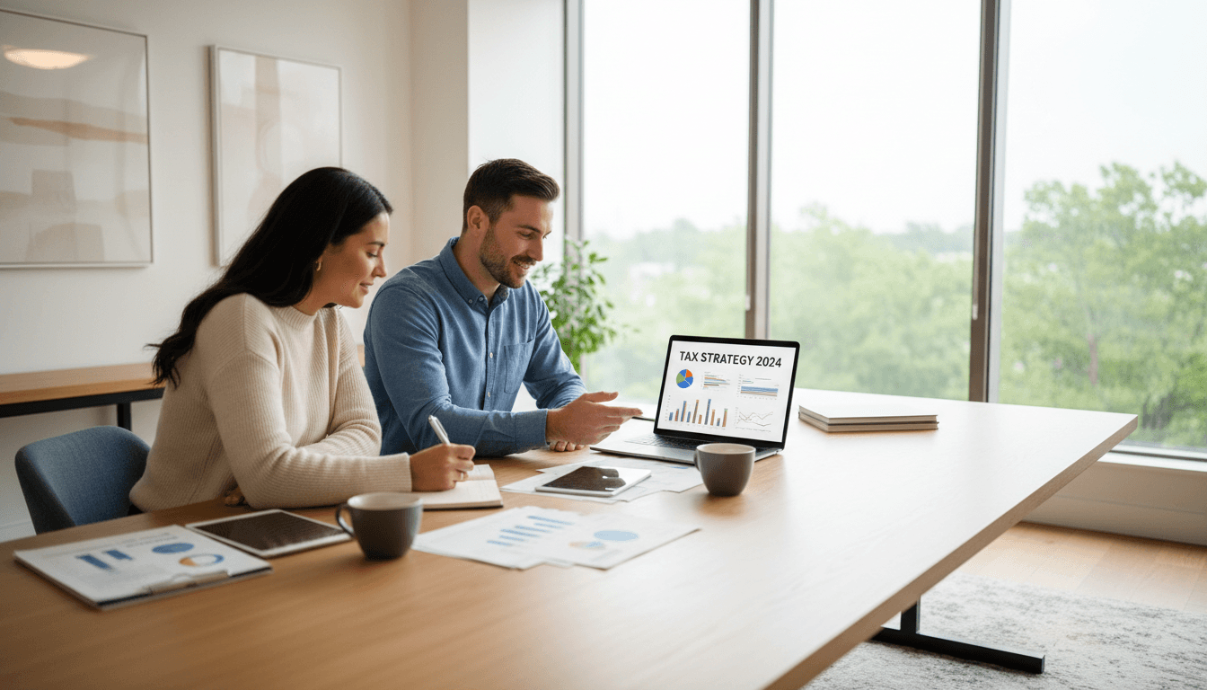 Professional advisor reviewing financial documents with a client in a bright office