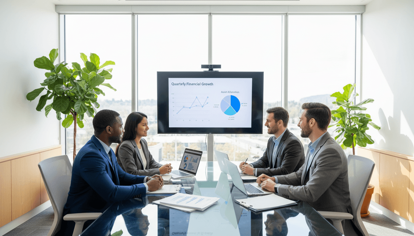 Professional accountant meeting with clients in bright modern office