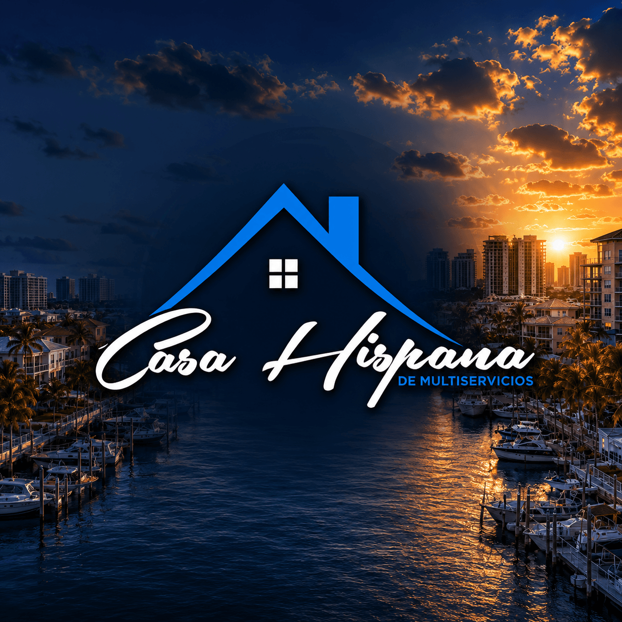 Logo de Casa Hispana de Multiservicios sobre un canal con barcos y un atardecer urbano.