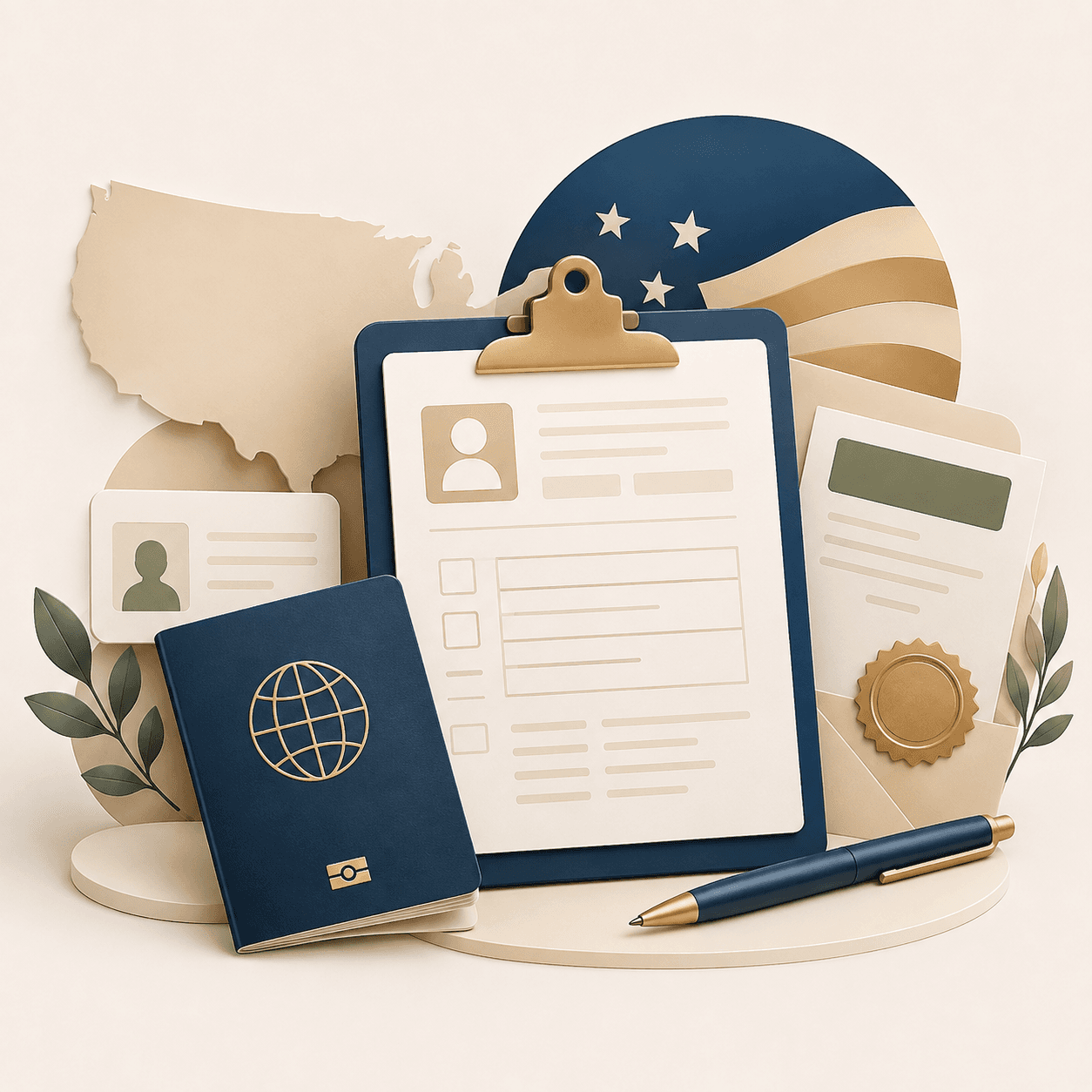 Pasaporte, formulario en portapapeles, bolígrafo y mapa de Estados Unidos en estilo 3D minimalista.