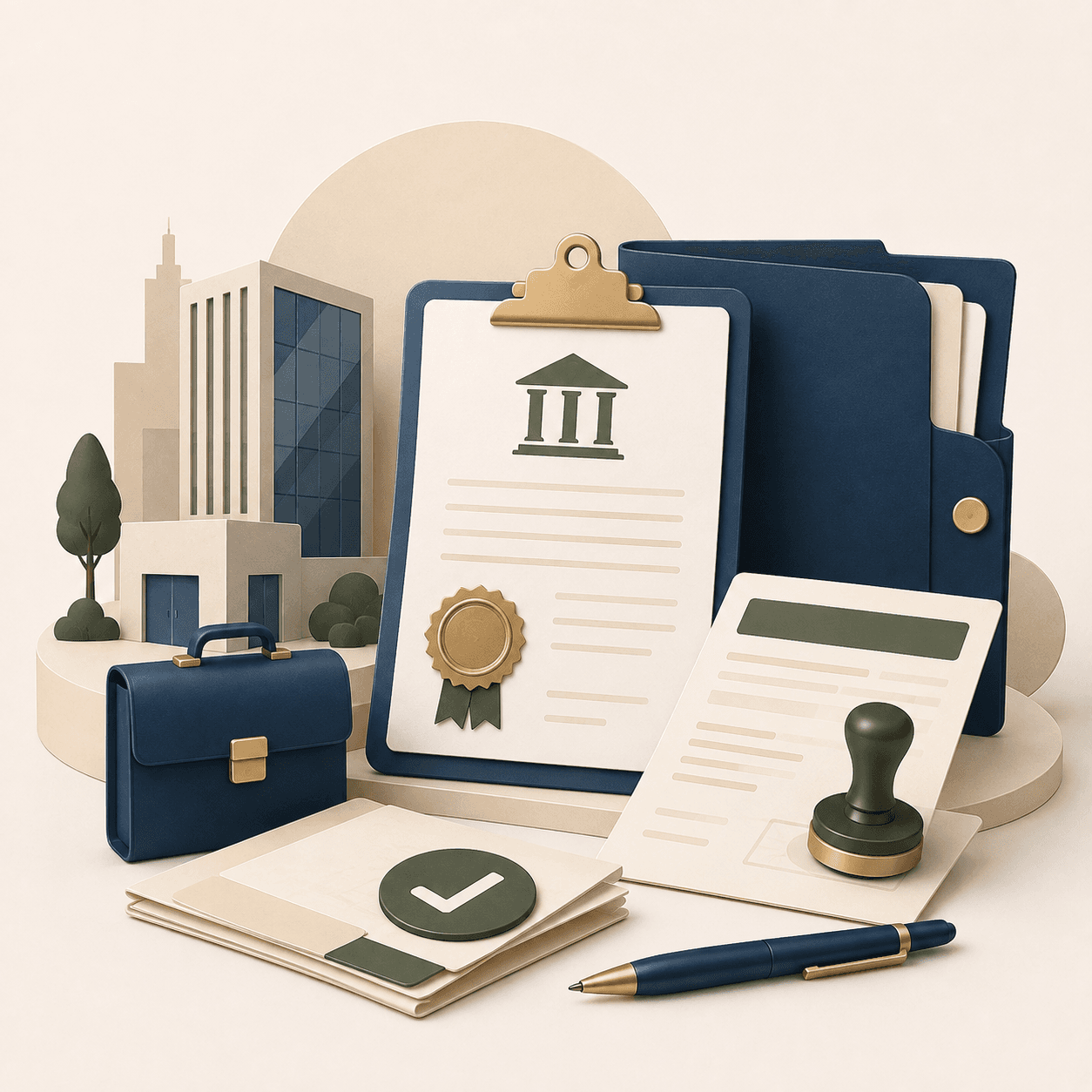 Ilustración 3D de documentos legales, maletín azul, sello oficial y edificios minimalistas estilizados.