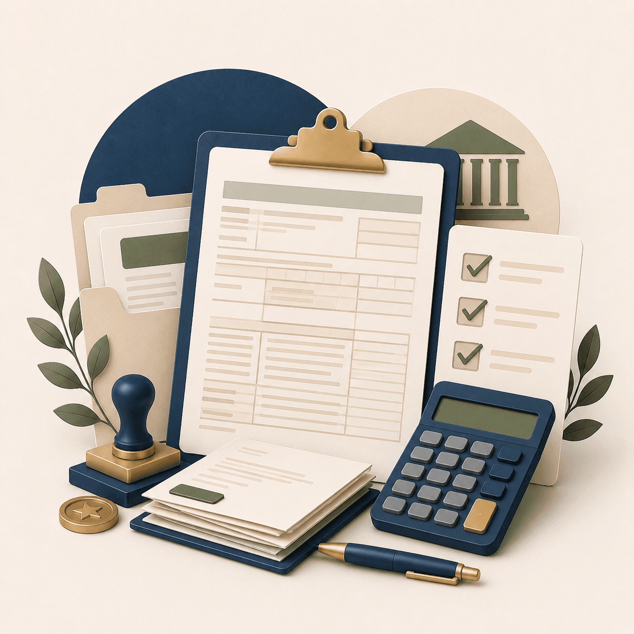 Portapapeles, calculadora, sello y lista de verificación en una ilustración 3D de trámites financieros.