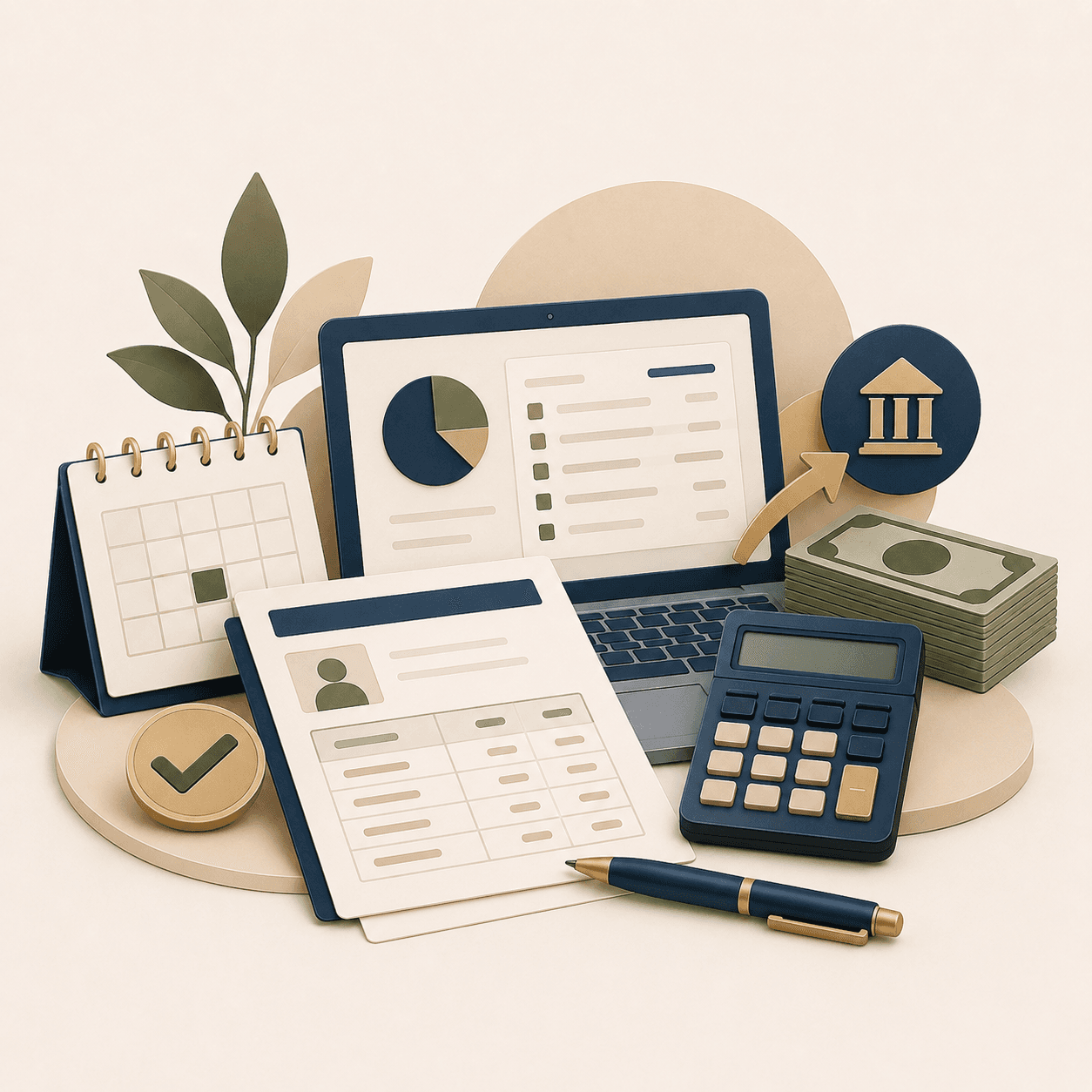 Composición 3D de herramientas financieras con laptop, calculadora, billetes, calendario y documentos de contabilidad.